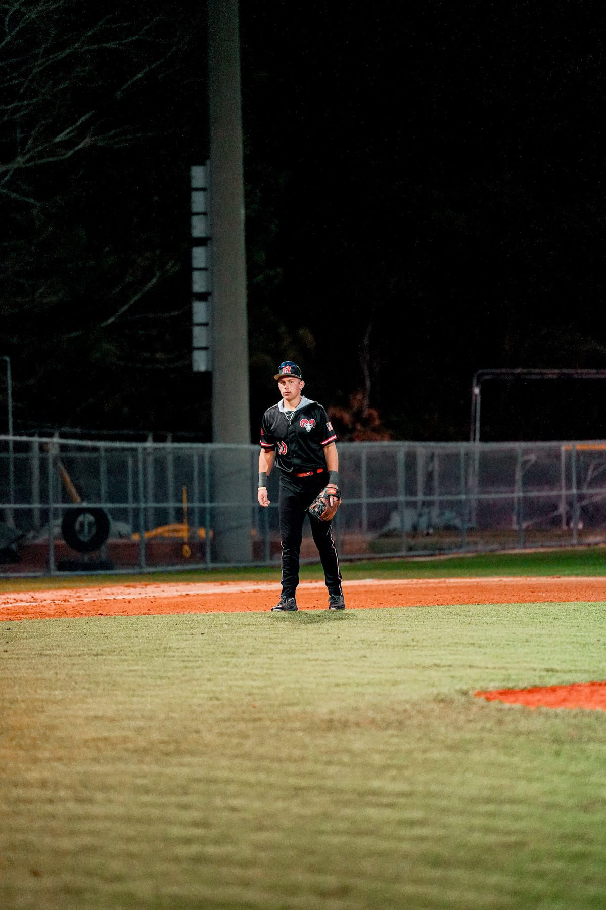 Mitchel playing first base under the lights
